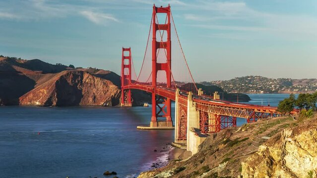 SAN FRANCISCO, USA - MARCH 7, 2024: Timelapse hyperlapse panoramic view of Golden Gate Bridge in San Francisco, California, USA