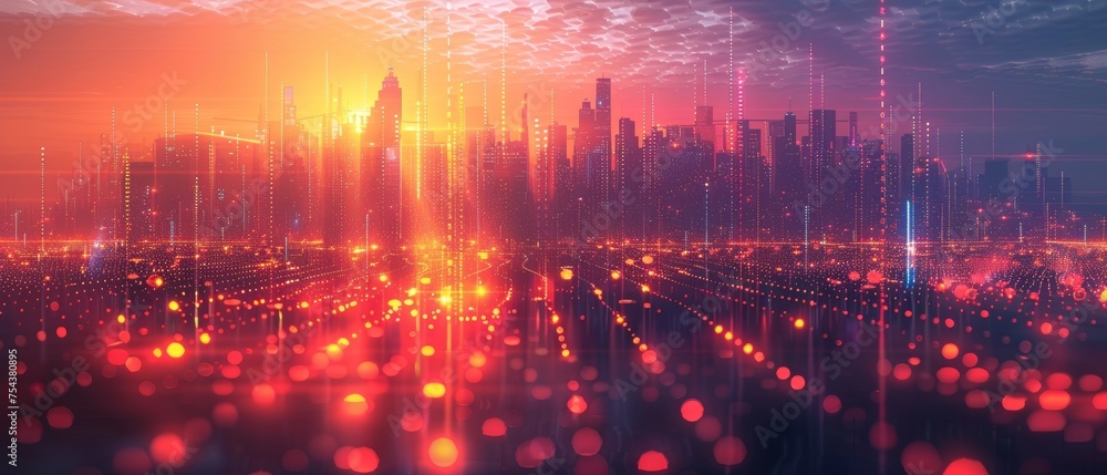 Poster A smart city concept with a gradient line and an aesthetic intricacy wave line design, a big data connection technology concept.