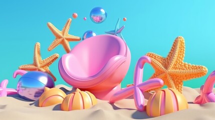 3D realistic render of a summer scene with inflatable balls starfish