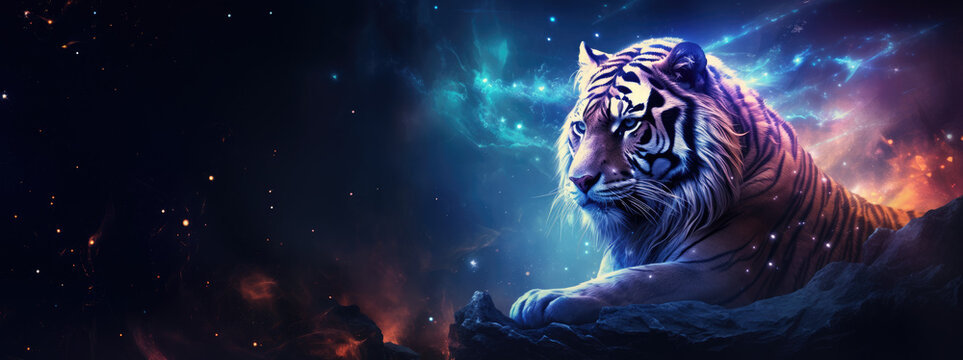 Tiger on cosmic background with space, stars, nebulae, vibrant colors, flames; digital art in fantasy style, featuring astronomy elements, celestial themes, interstellar ambiance