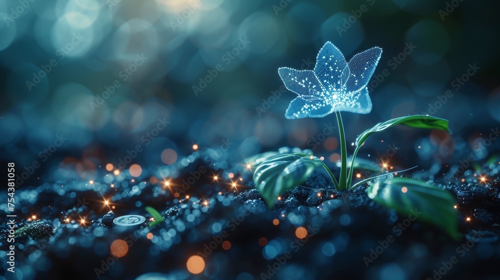 Poster various blue plants growing from a pile of coins. making money concept. low poly style design. blue 