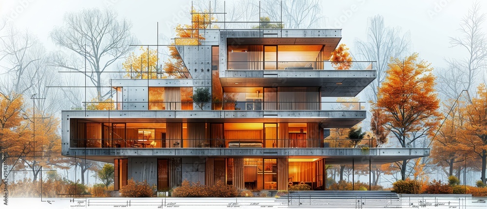 Poster Design concept of a smart building. Engineering of smart building's autonomous control system. Communication design of an apartment house. Architectural drawing, blueprint of its facade.