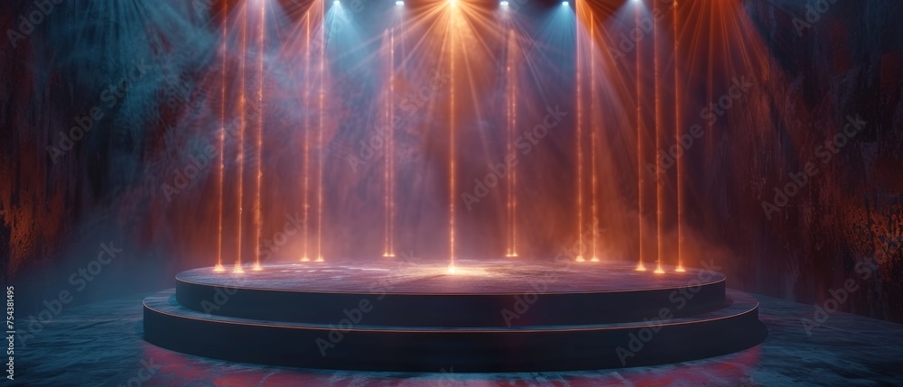 Aufkleber stage with heavy spotlights on a round stage illuminated in 3d circle of brilliance