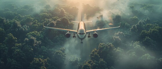 A plane flies in the sky against a background of green trees. Environmental pollution. Harmful emissions. - obrazy, fototapety, plakaty