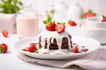 Fensteraufkleber Small layered chocolate cake with white vanilla sauce and strawberry © Firn