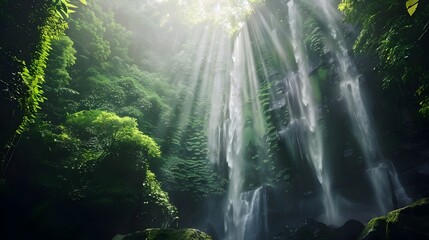 Obraz premium Majestic Waterfall in Lush Jungle, To showcase the untouched beauty of nature and the majesty of a hidden waterfall in a lush jungle setting This