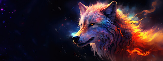 Wolf on cosmic background with space, stars, nebulae, vibrant colors, flames; digital art in fantasy style, featuring astronomy elements, celestial themes, interstellar ambiance