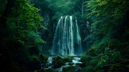 Majestic Waterfall in a Hidden Forest, To provide a stunning and tranquil background for nature photography, or to evoke a sense of awe and wonder in