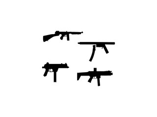 Submachine gun silhouette. Personal self-defense weapon, concept simple black vector illustration, isolated on a white background. Set of various submachine gun silhouettes.