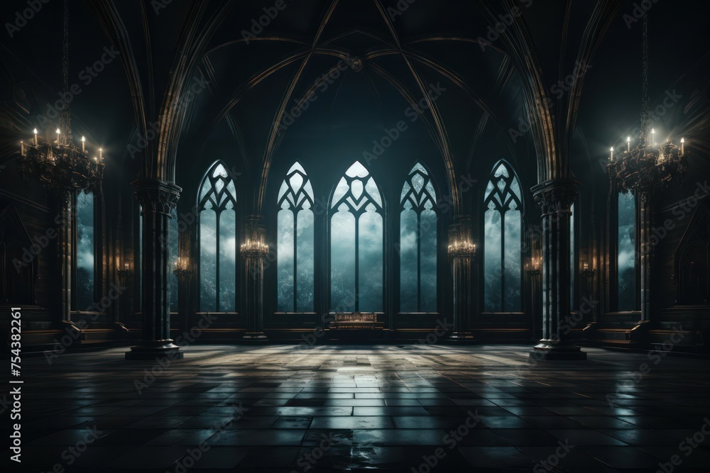 Poster dark room with chandelier and multiple chandeliers generative ai