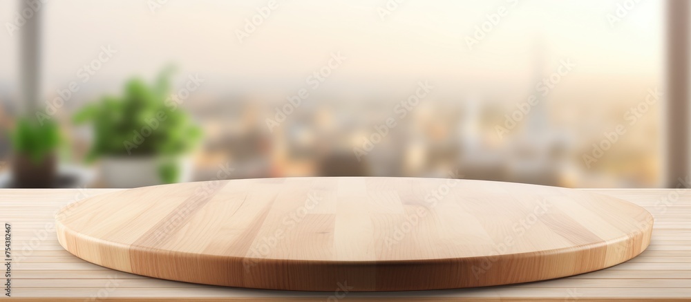 Poster a wooden plate is placed on top of a wooden table in a clean and bright kitchen setting. the table i