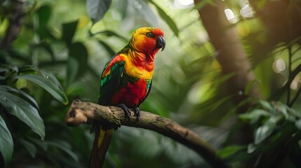 Obraz premium Vibrant Parrot Perched in Tropical Rainforest, To showcase the beauty and diversity of tropical wildlife, and promote conservation efforts for