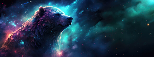 Majestic bear superimposed on stunning space background, featuring colorful nebulae, shimmering stars, and cosmic dust clouds, creating a surreal and inspiring scene.  - obrazy, fototapety, plakaty