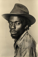 Portrait of black man in hat. Old vintage retro black and white film photography