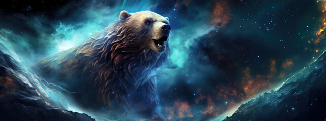 Majestic bear superimposed on stunning space background, featuring colorful nebulae, shimmering stars, and cosmic dust clouds, creating a surreal and inspiring scene.  - obrazy, fototapety, plakaty