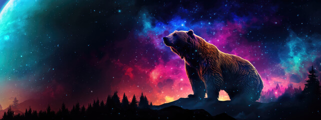 Majestic bear superimposed on stunning space background, featuring colorful nebulae, shimmering stars, and cosmic dust clouds, creating a surreal and inspiring scene - obrazy, fototapety, plakaty