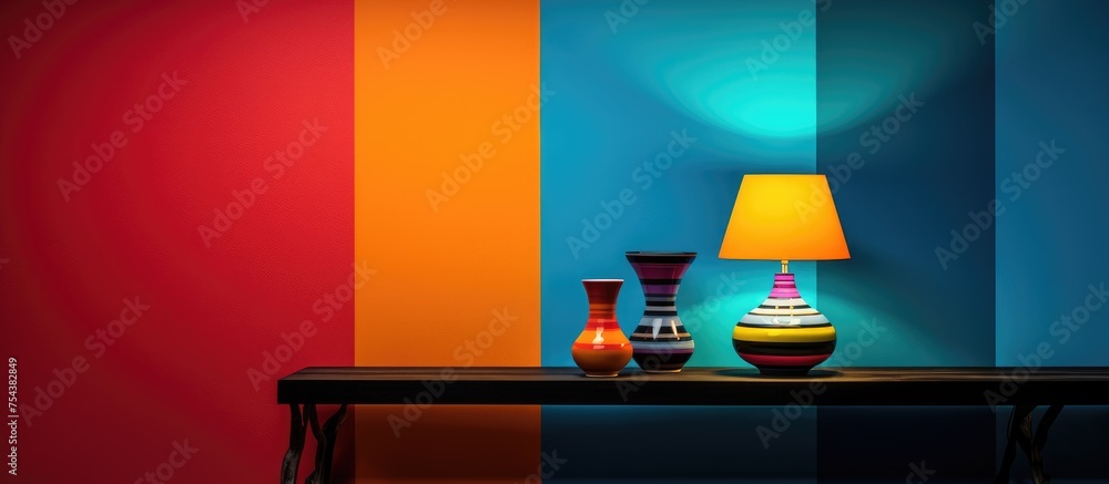 Aufkleber a black lamp stands on a wooden table adorned with three vases, creating a simple yet elegant displa