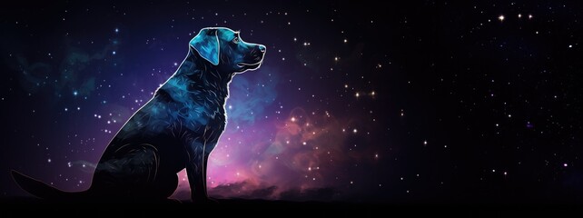 Chinese zodiac-inspired illustration, happy dog, long fur, galactic backdrop, shimmering star trails, space, glowing nebulae, fantasy cosmos, digital art, representing Year of the Dog