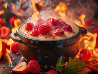 Gourmet Swiss fondue dinner on a winter evening with assorted cheeses on a board alongside a heated pot of cheese fondue with two forks dipping bread and white wine behind in a tavern or restaurant - obrazy, fototapety, plakaty