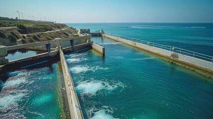 A coastal desalination plant powered by wave and tidal energy, providing fresh water with minimal environmental impact - obrazy, fototapety, plakaty