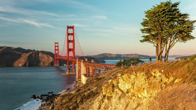 SAN FRANCISCO, USA - MARCH 7, 2024: Timelapse hyperlapse panoramic view of Golden Gate Bridge in San Francisco, California, USA