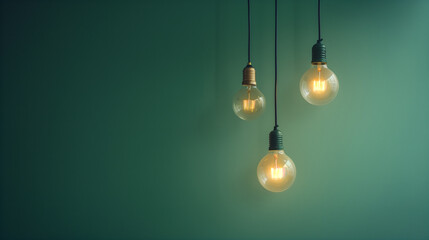 Lightning lamps at home, in restaurant or cafe: Close up of a hanging, orange lightbulb. one of lightbulb glowing among shutdown light bulb in green area with copy space for creative thinking problem. - obrazy, fototapety, plakaty