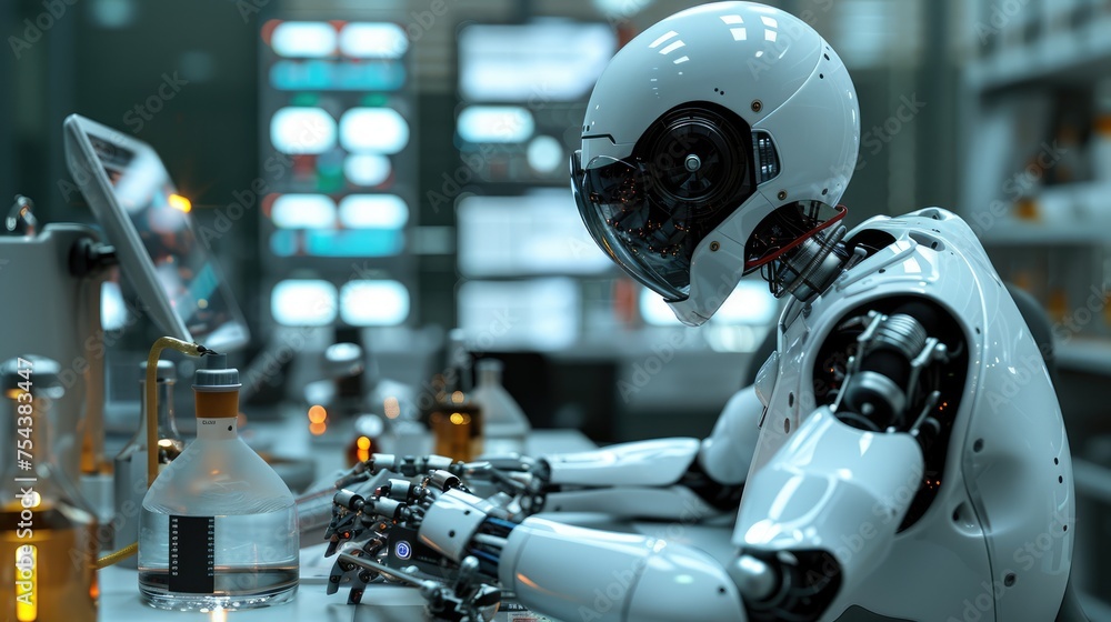 Poster advanced ai robot performing complex tasks in a lab setting
