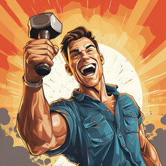 happy man with a hammer in his hand сreated with Generative Ai