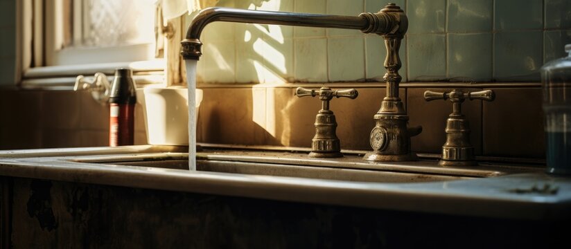 A kitchen sink with water running from a faucet, creating a steady stream of water flowing down the drain. The stainless steel sink is clean and well-maintained, with dishes visible in the background.