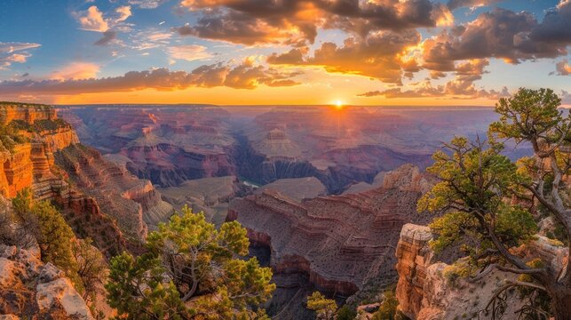 Panoramic view of the Grand Canyon at sunset