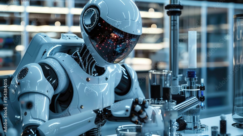 Poster advanced ai robot performing complex tasks in a lab setting