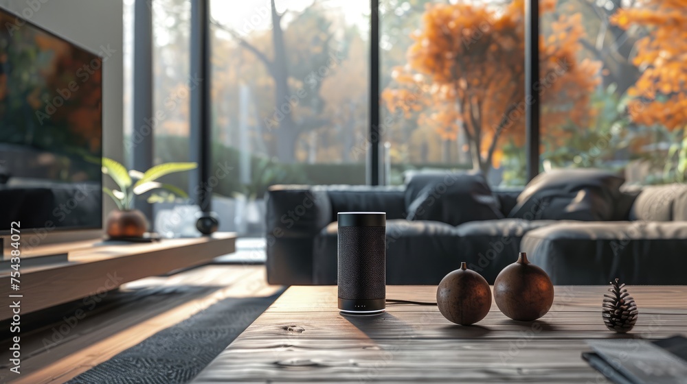 Poster ai powered personal assistant device in a modern home setting