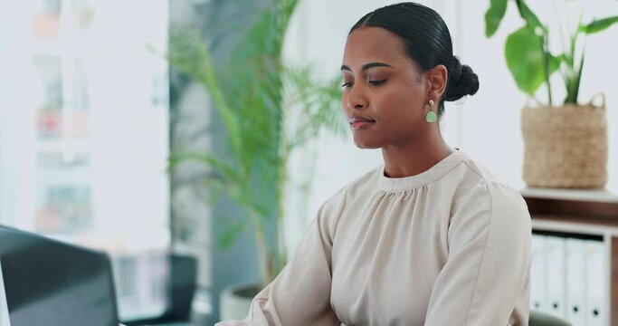 Thinking, laptop or business woman in office online with planning, research or client communication. Questions, why or lady consultant with problem solving, brainstorming or solution, search or idea