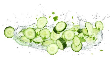 Cucumber  sliced pieces flying in the air with water splash isolated on transparent png.
