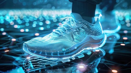 High tech athletic shoes with embedded sensors and smart features - obrazy, fototapety, plakaty