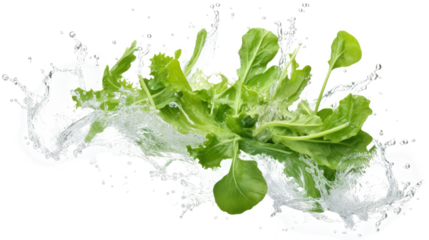 Dandelion greens  sliced pieces flying in the air with water splash isolated on transparent png.
