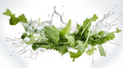 Dandelion greens  sliced pieces flying in the air with water splash isolated on transparent png.

