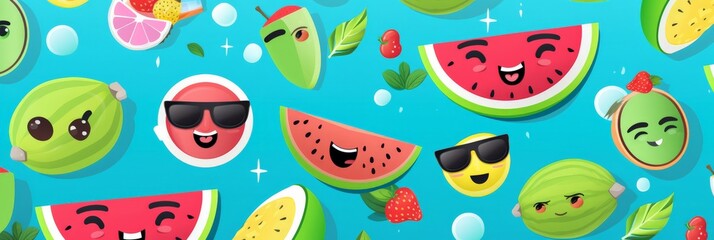 Seamless background featuring cute summer icons: fruits drinks
