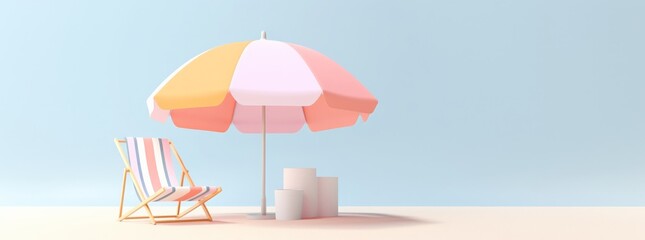 Summer holiday concept with 3D beach chair and umbrella - obrazy, fototapety, plakaty