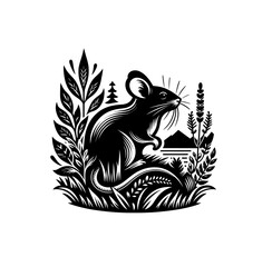 Mouse in nature landscape. Monochrome engraved isolated vector illustration