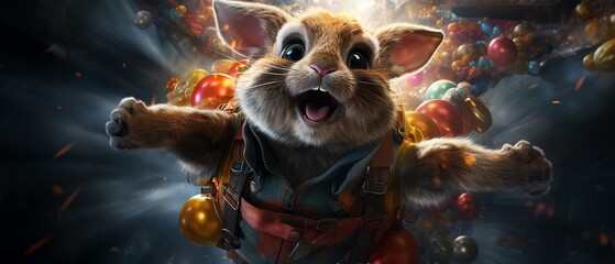 A daring rabbit with fluffy wings jumps joyfully across the galaxy
