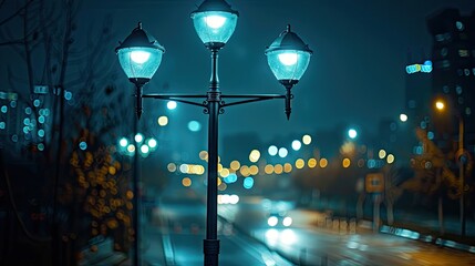 Smart city street lighting with adaptive brightness and energy saving - obrazy, fototapety, plakaty