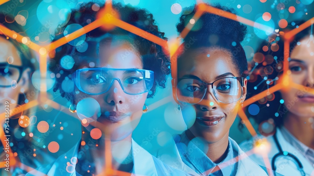 Poster a group of scientists collaborating virtually from different parts of the world