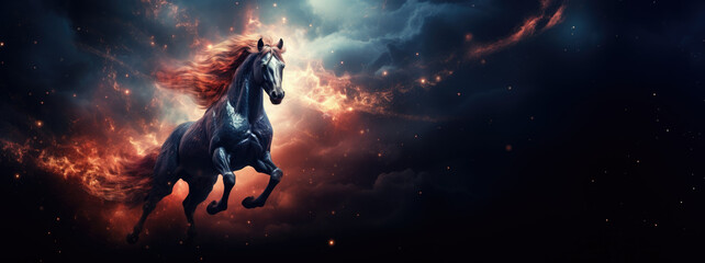 Obraz na płótnie Canvas Majestic horse gallops through cosmos, mane flowing with ethereal colors, stars and nebulae in background, embodying celestial spirit, fantasy, vibrant.