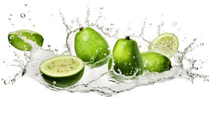 Feijoa , sliced pieces flying in the air with water splash isolated on transparent png.
