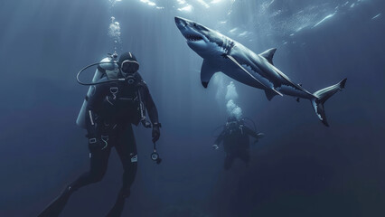Underwater Thrill: Brave Swimmer Near Shark in Deep Sea Dive
