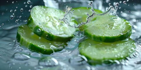 Cucumber slices thrown into water on a light background