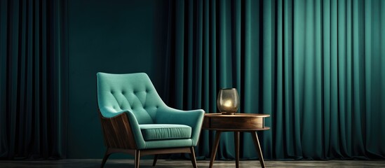 A blue armchair is positioned in front of a green curtain in a room with a table nearby. The chair stands out against the vibrant curtain.