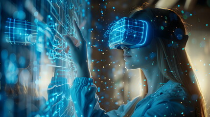 Digital graffiti art featuring women and technology, Wear virtual reality goggles Study medical...