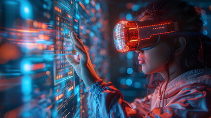 Digital graffiti art featuring women and technology, Wear virtual reality goggles Study medical...
